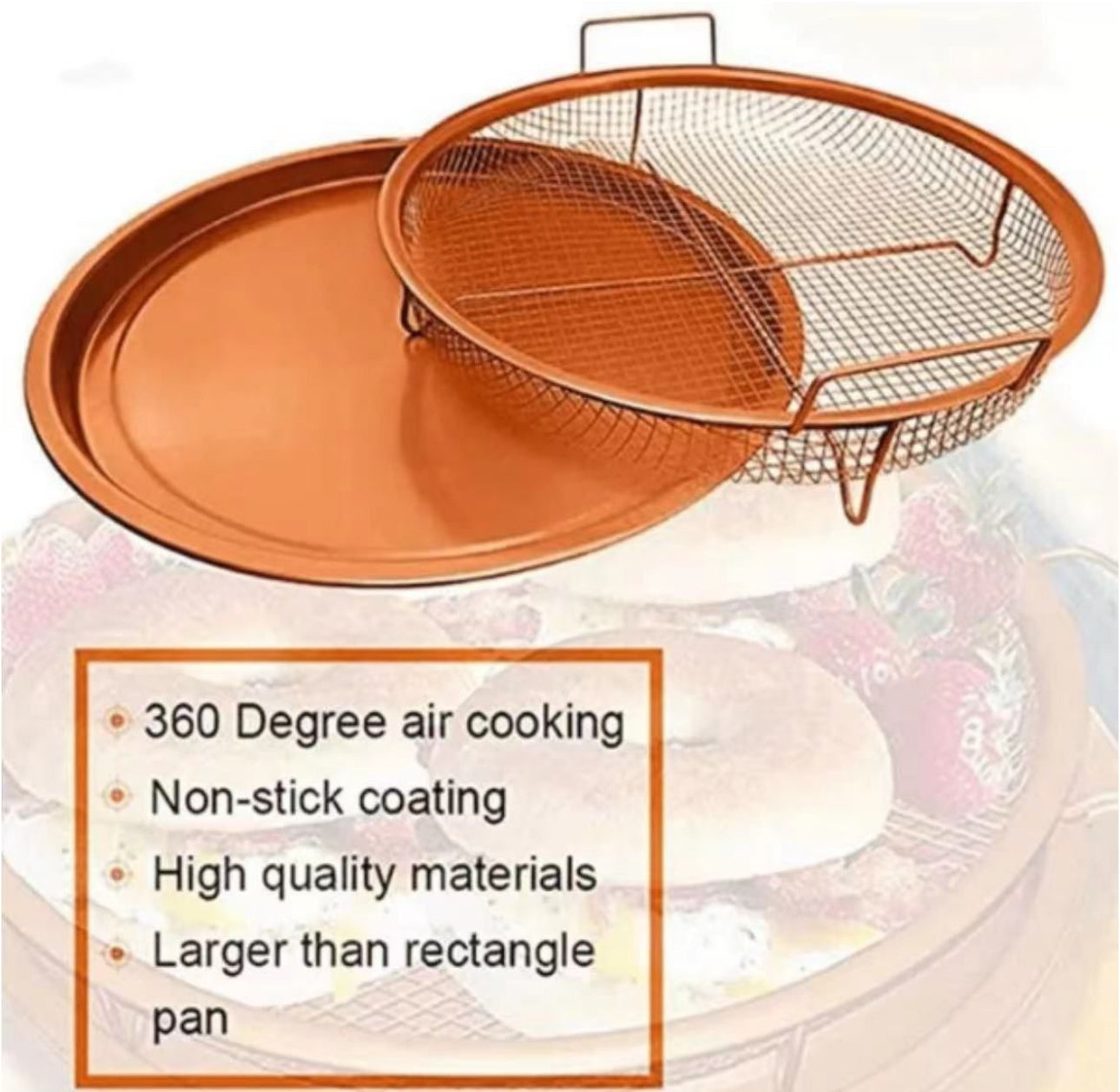 2 Pieces Round Copper Crisper Oven Baking Tray Non-Stick Mesh Crisper Basket