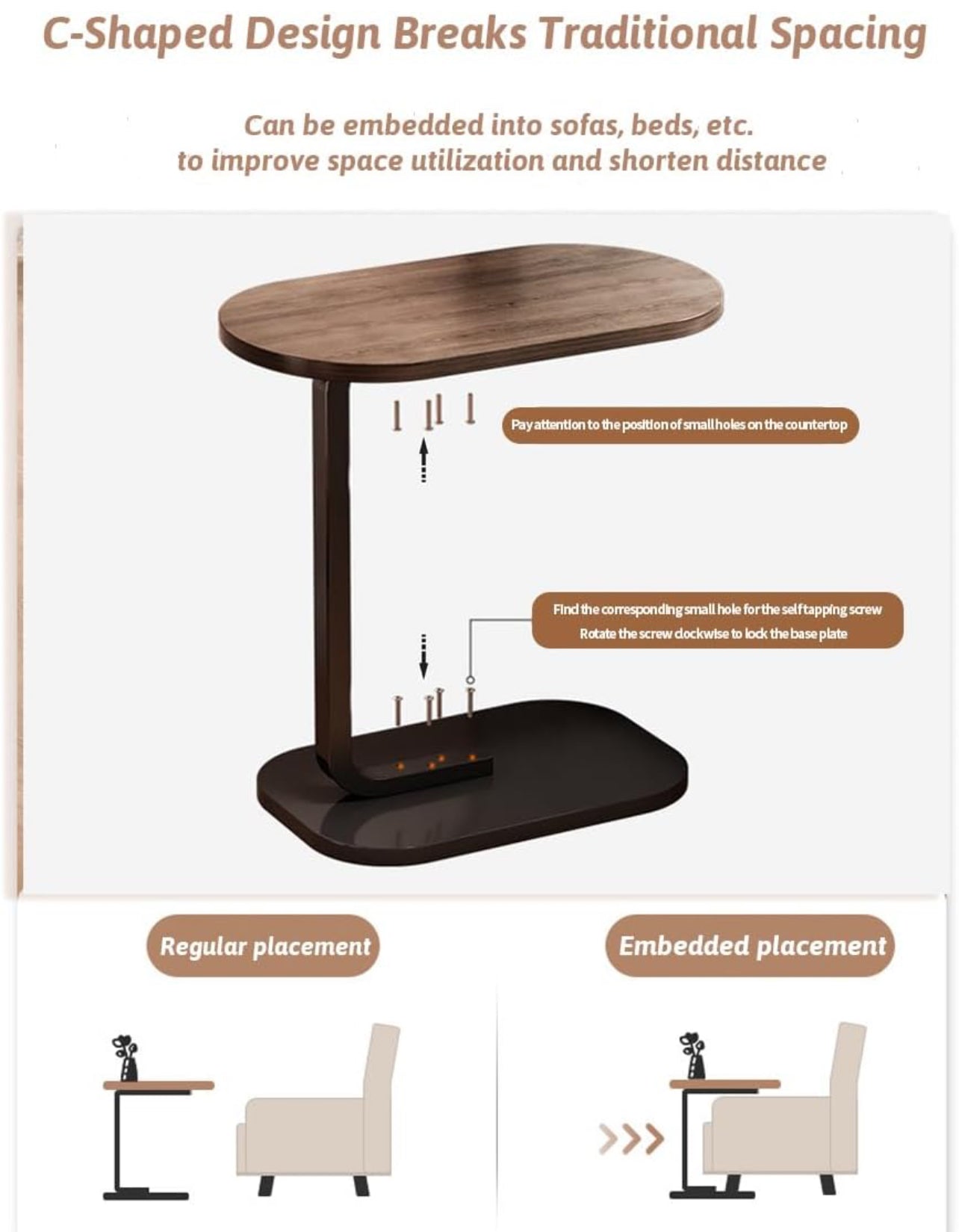 C Shaped Side Table, Modern C Shaped End Table for Small Spaces, Small Couch Side Tables That Slide Under, Wood Coffee Table for Sofa and Bed.