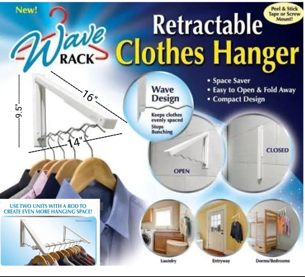 Wave Rack Retractable Clothes Hanger - Space Saver Easily Folds Away