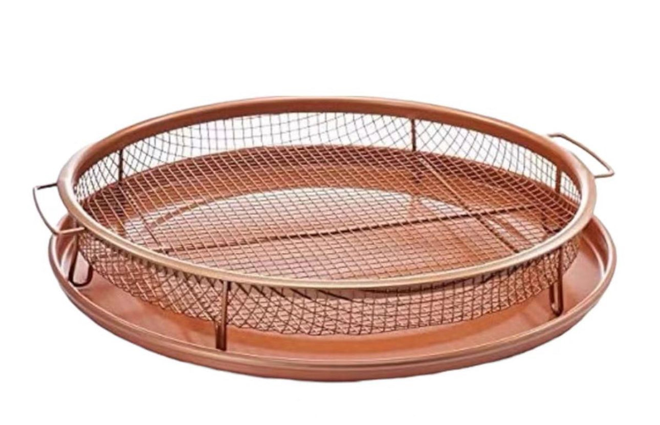 2 Pieces Round Copper Crisper Oven Baking Tray Non-Stick Mesh Crisper Basket