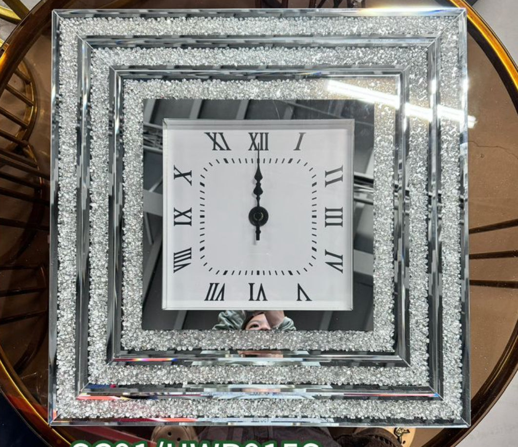 Crushed Diamond Mirrored Roman Clock Square 60cm Available In Gold or Silver