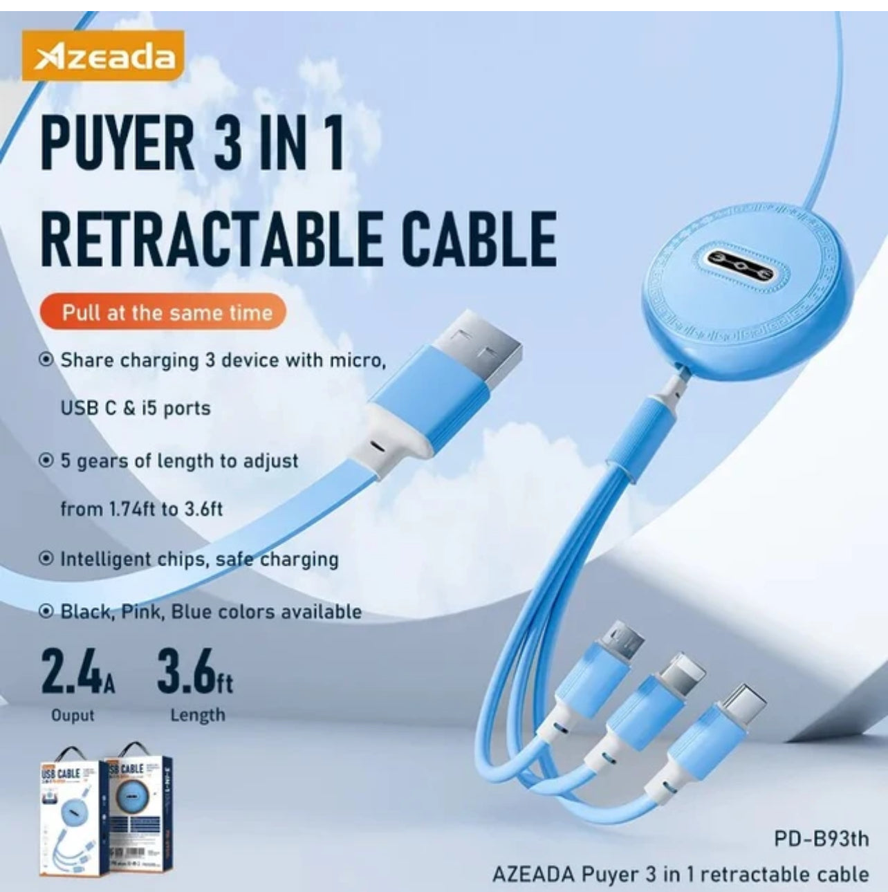 USB Cable 3:1 Retractable- Extends 1.1M