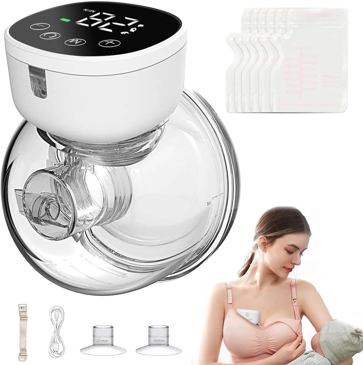 Wearable Breast Pump Portable Electric Breast Pump for Breastfeeding Hands Free 4 Modes 9 Suction.