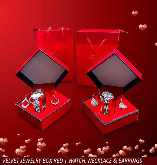 Valentines Velvet Jewellery Box Red 3pc : Watch,Necklace & Earrings