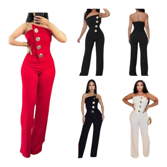 Asymmetrical Bandeau Strapless Jumpsuit Metal Button Decor Casual Outfit