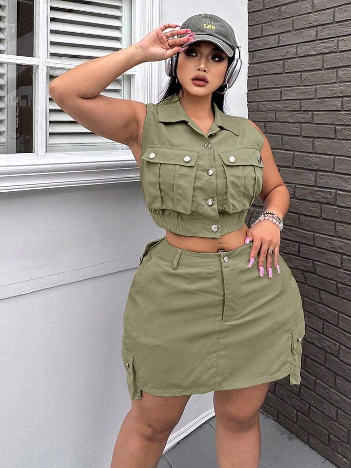 Women Fashion Summer Two Piece Set Casual Two Piece Suit Collar Pocket Short Sleeve Hip Short Skirt Elegant Skirt Suits for Women