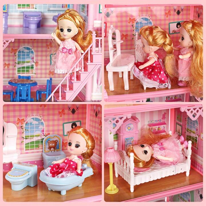 4 Floors 11 Rooms 3 Balconies 2 Dollhouse Game Room Princess Castle Villa For Girls, Comes With Self-Designed Furniture Accessories - Perfect Birthday, Thanksgiving And Christmas Gift