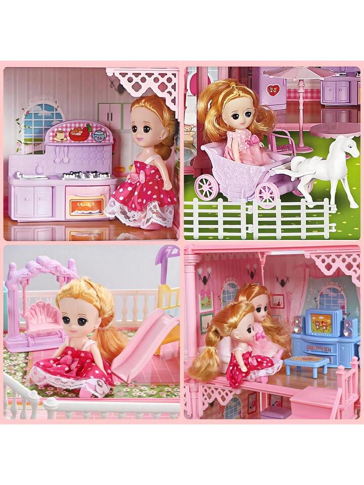 4 Floors 11 Rooms 3 Balconies 2 Dollhouse Game Room Princess Castle Villa For Girls, Comes With Self-Designed Furniture Accessories - Perfect Birthday, Thanksgiving And Christmas Gift