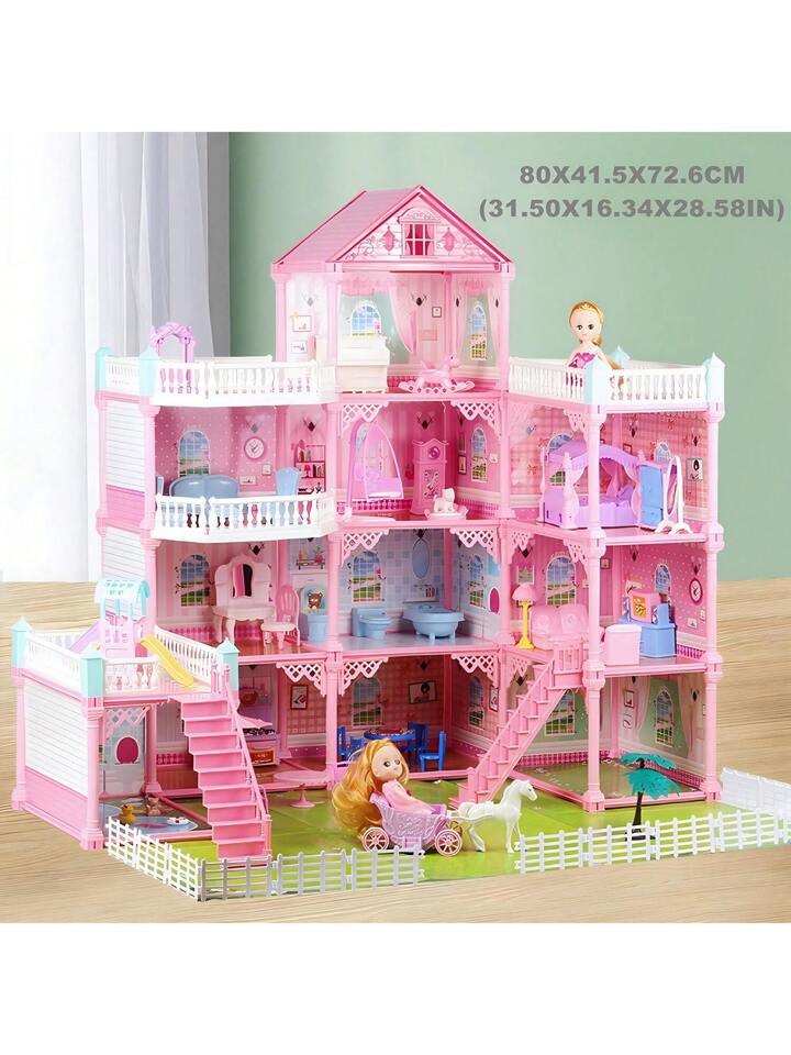 4 Floors 11 Rooms 3 Balconies 2 Dollhouse Game Room Princess Castle Villa For Girls, Comes With Self-Designed Furniture Accessories - Perfect Birthday, Thanksgiving And Christmas Gift