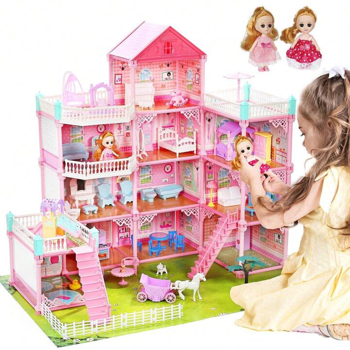 4 Floors 11 Rooms 3 Balconies 2 Dollhouse Game Room Princess Castle Villa For Girls, Comes With Self-Designed Furniture Accessories - Perfect Birthday, Thanksgiving And Christmas Gift