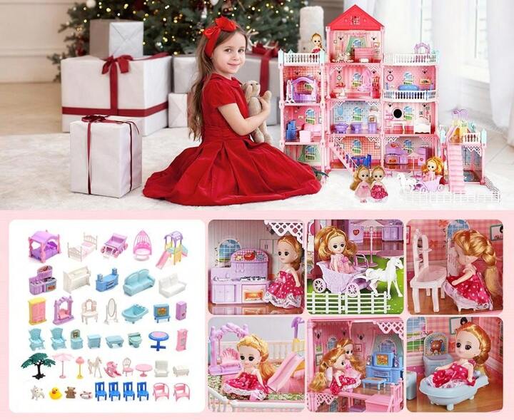 4 Floors 11 Rooms 3 Balconies 2 Dollhouse Game Room Princess Castle Villa For Girls, Comes With Self-Designed Furniture Accessories - Perfect Birthday, Thanksgiving And Christmas Gift