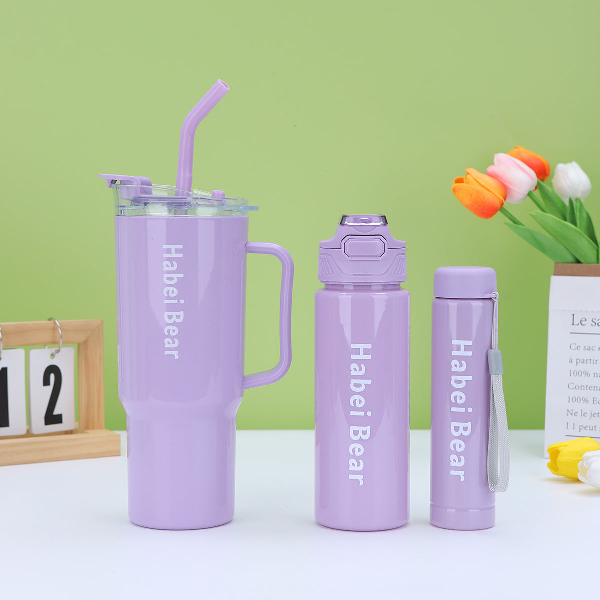 3-Piece Sports Water Bottle Set With One Straw - Gradient Color