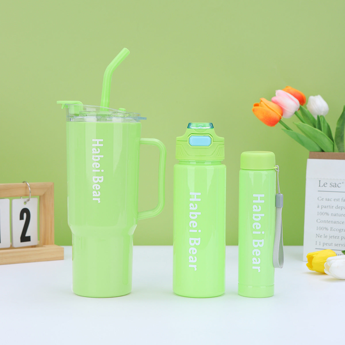 3-Piece Sports Water Bottle Set With One Straw - Gradient Color