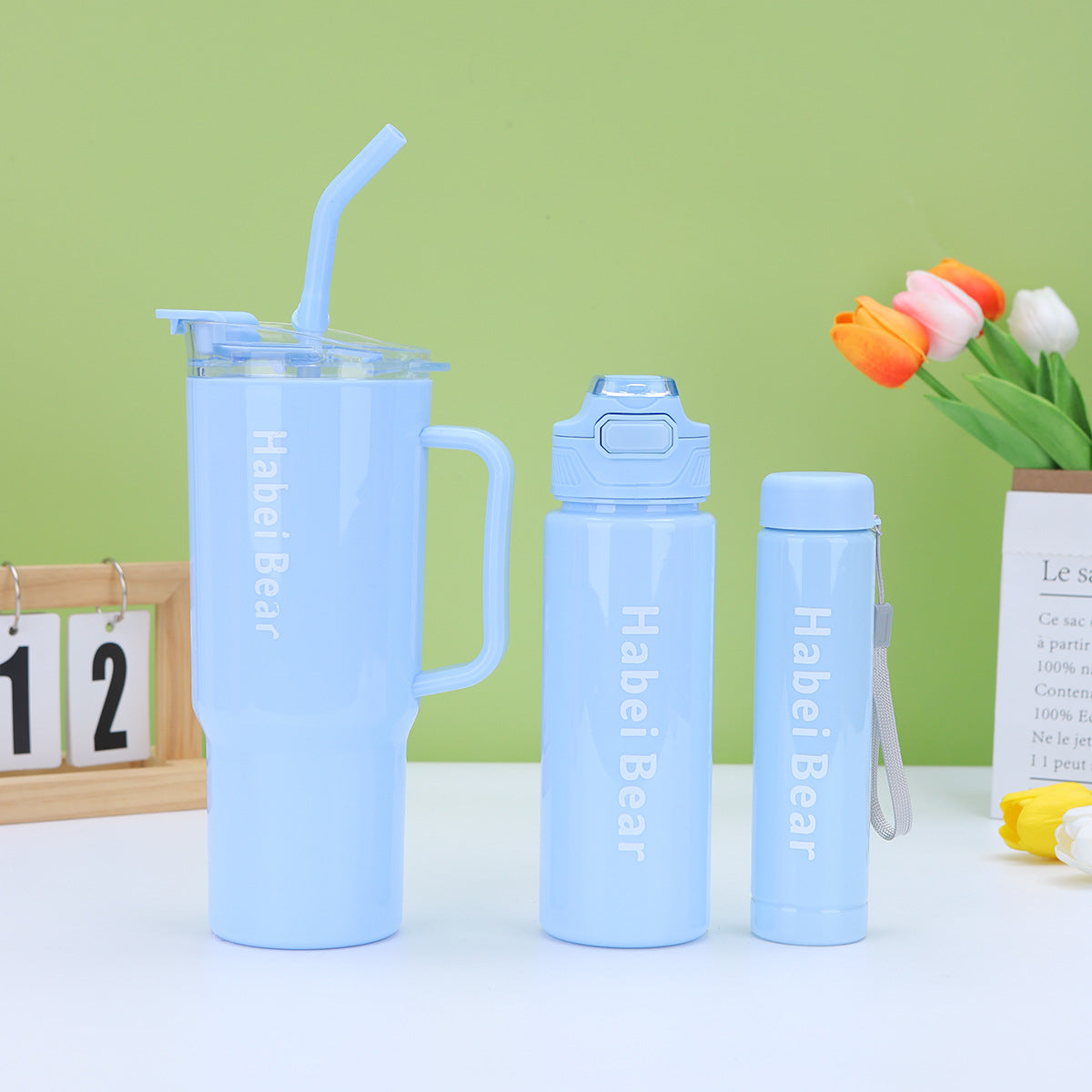 3-Piece Sports Water Bottle Set With One Straw - Gradient Color