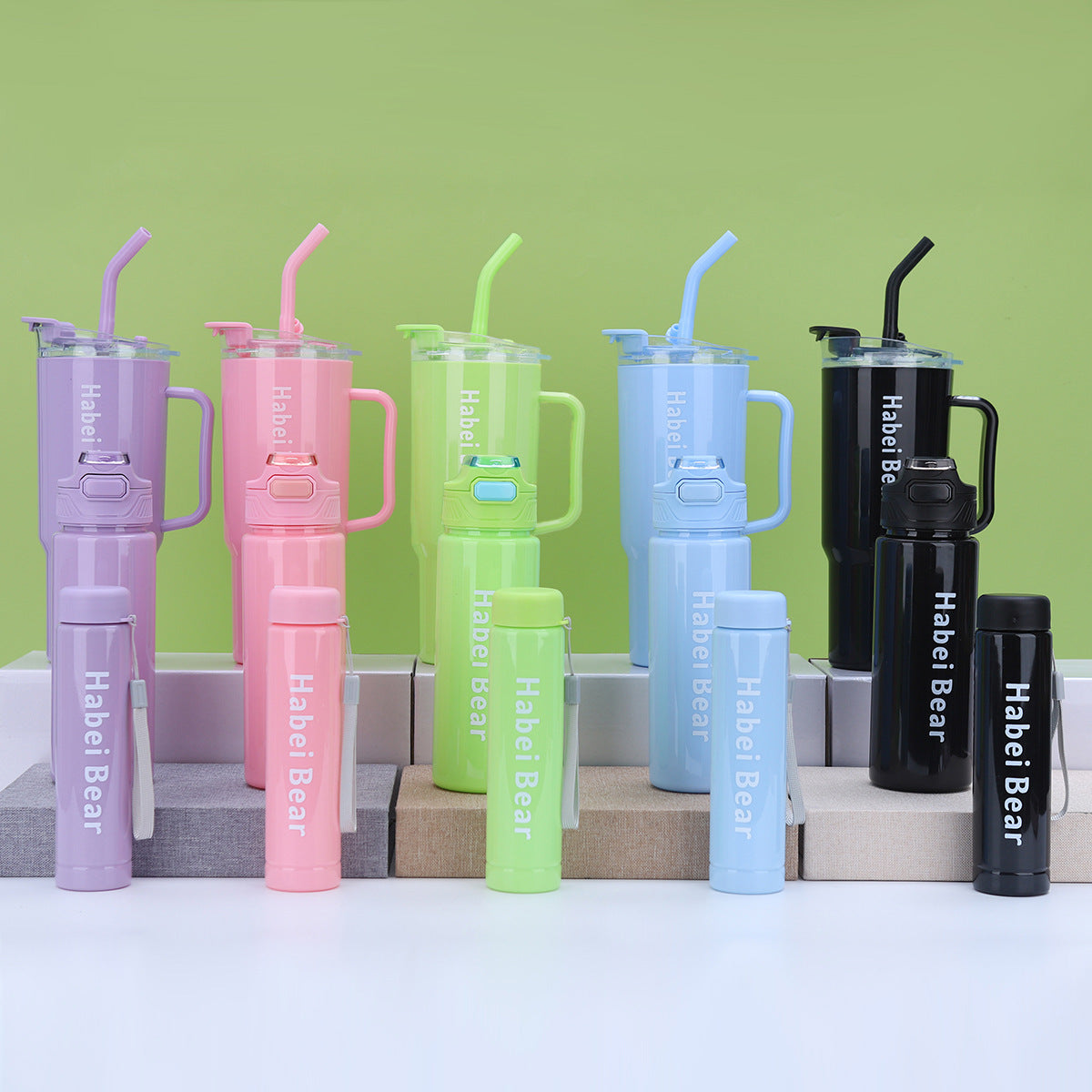 3-Piece Sports Water Bottle Set With One Straw - Gradient Color