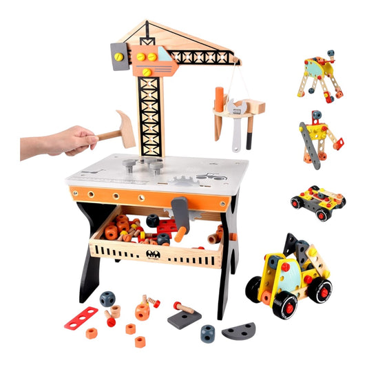 Wooden Tool Bench for Kids Toddlers, Pretend Play Workbench Set with Crane Workshop Workbench Construction Toys Gift for 2 3 4 5 Years Old Girls & Boys