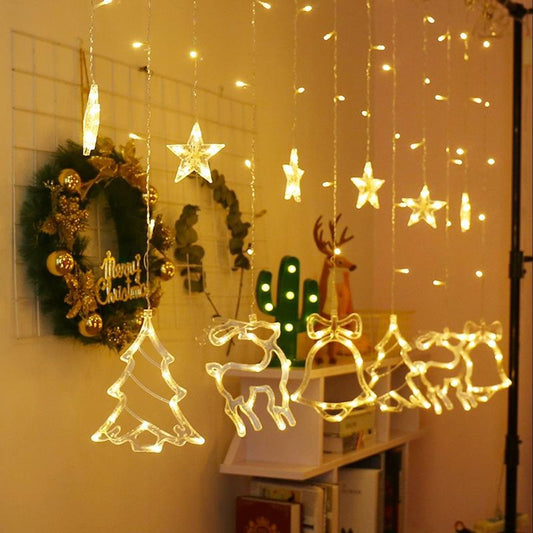 Christmas LED Curtain Lights Christmas Decoration Bell And Deer String Lights, (Warm White Light)