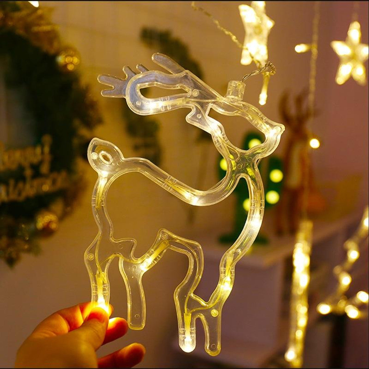 Christmas LED Curtain Lights Christmas Decoration Bell And Deer String Lights, (Warm White Light)