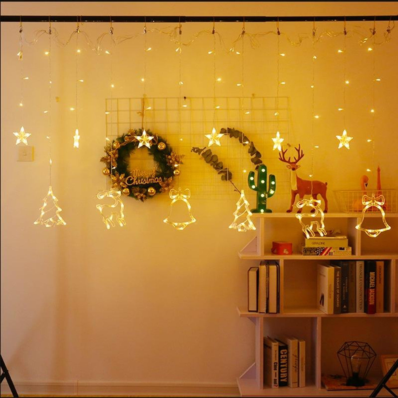 Christmas LED Curtain Lights Christmas Decoration Bell And Deer String Lights, (Warm White Light)