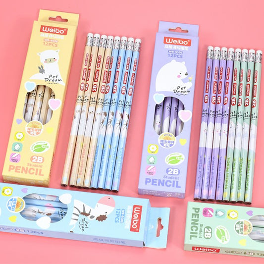 WEIBO High Quality Cartoon Pencil 2B Wooden 12pcs Set With Eraser clear writing Smooth For Exam Soft Writing For School Students