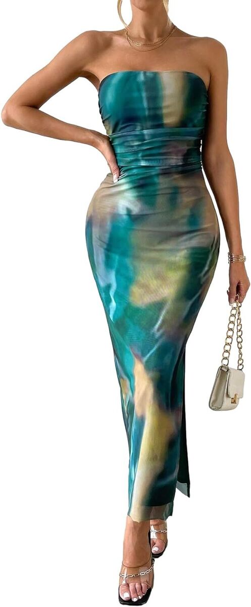 Women's Tie Dye Split ThighTube Dress Ruched Bodycon Maxi Dress