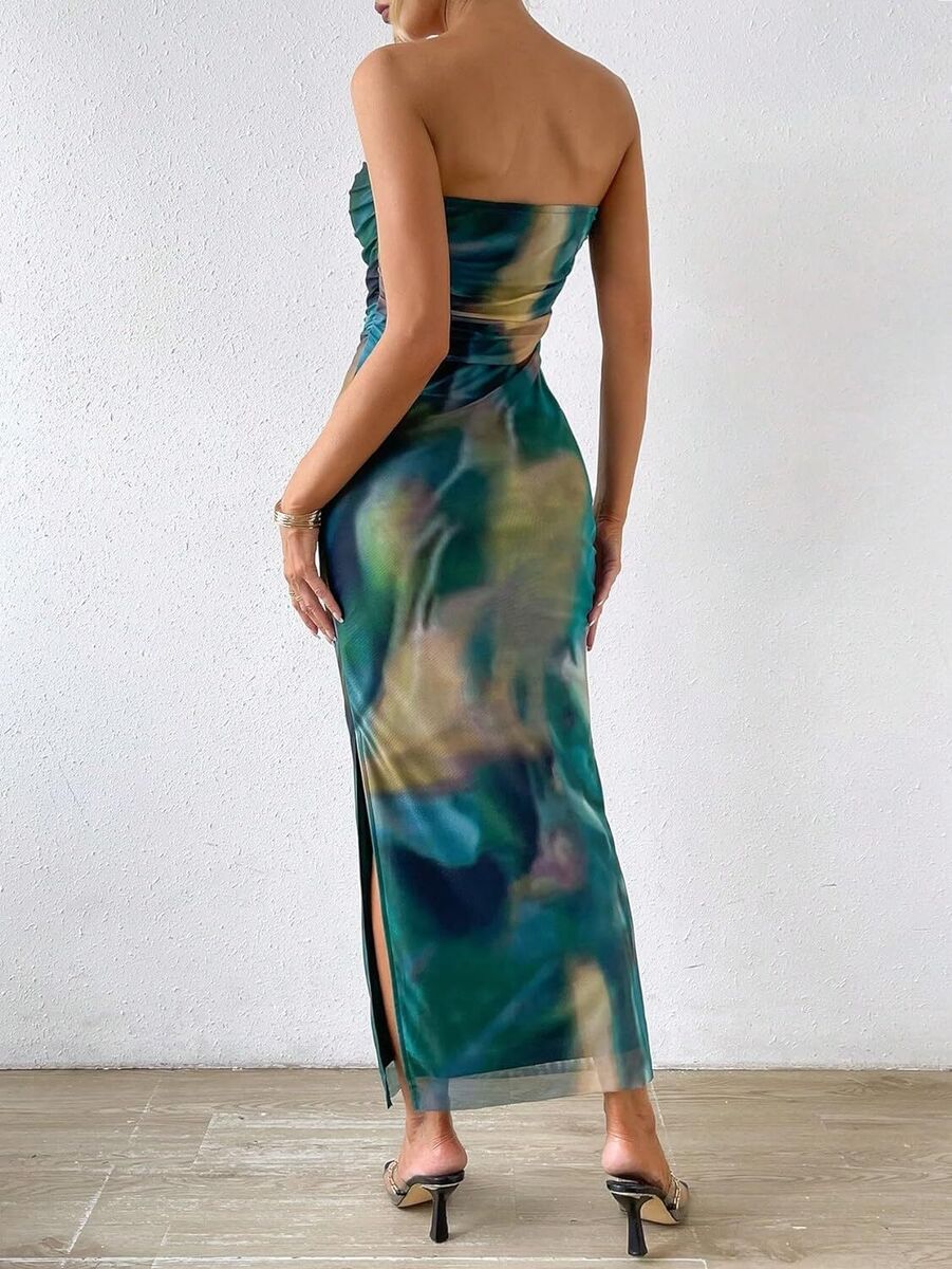 Women's Tie Dye Split ThighTube Dress Ruched Bodycon Maxi Dress