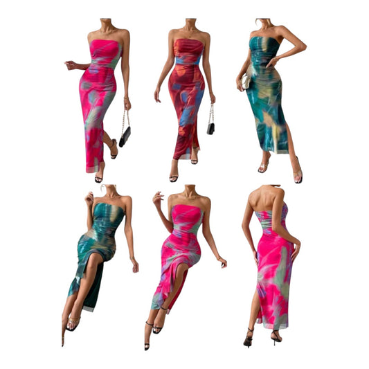 Women's Tie Dye Split ThighTube Dress Ruched Bodycon Maxi Dress