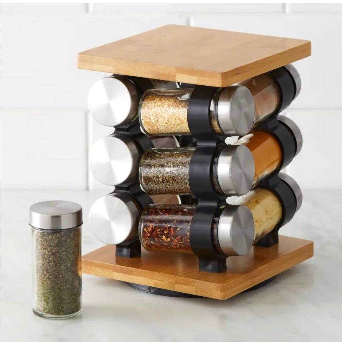 Wooden Square Spice Rack Jars Rotating Countertop Spice Organizer 12 Jars