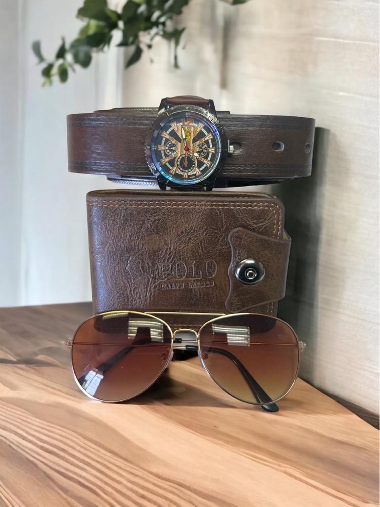 Gift Set Men's Brown Belt Watch, Sunglasses, & Wallet