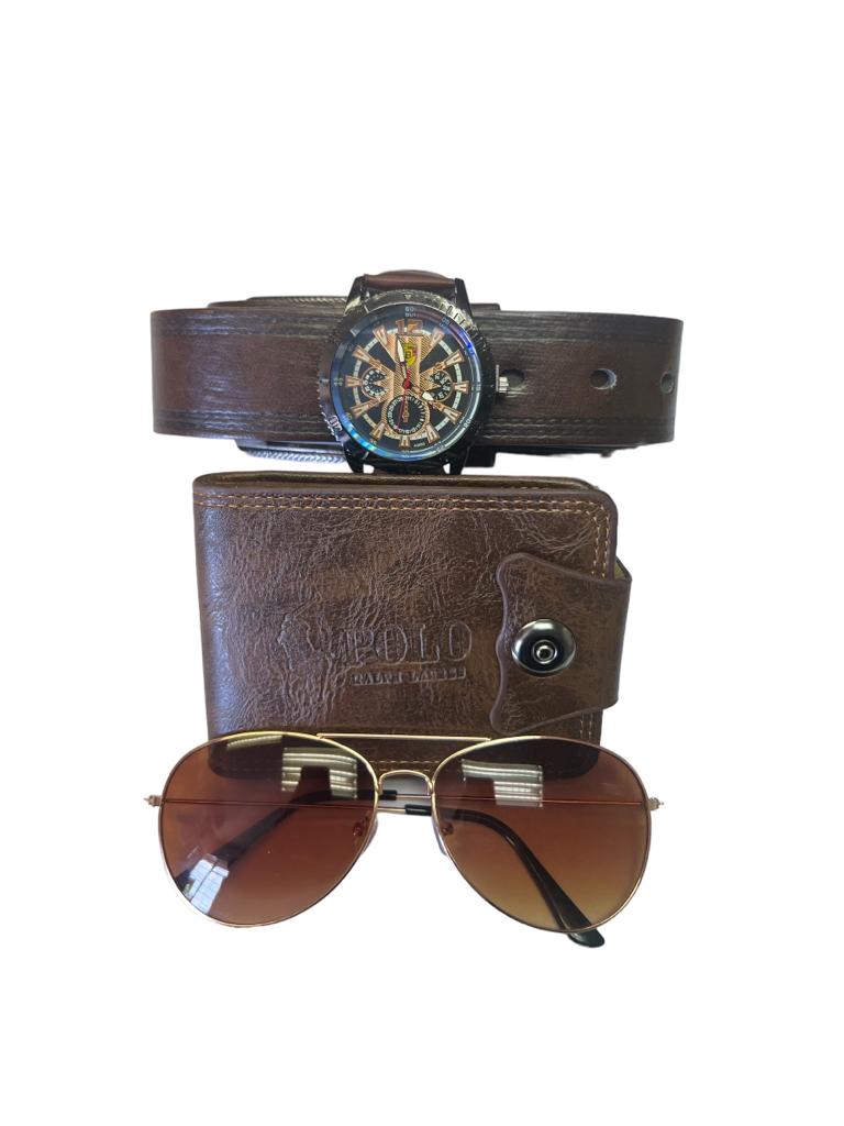 Gift Set Men's Brown Belt Watch, Sunglasses, & Wallet