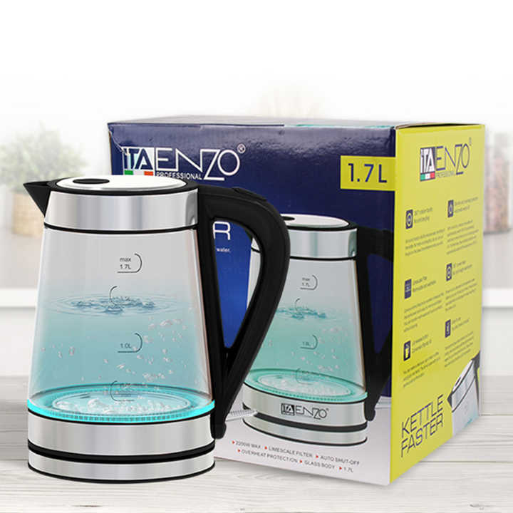 ENZO Glass & Stainless Steel Blue 1.7L Electric LED Kettle