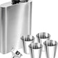 Hip Flask & Shot Glass 6 Piece Set Stainless Steel Gift Set for Men