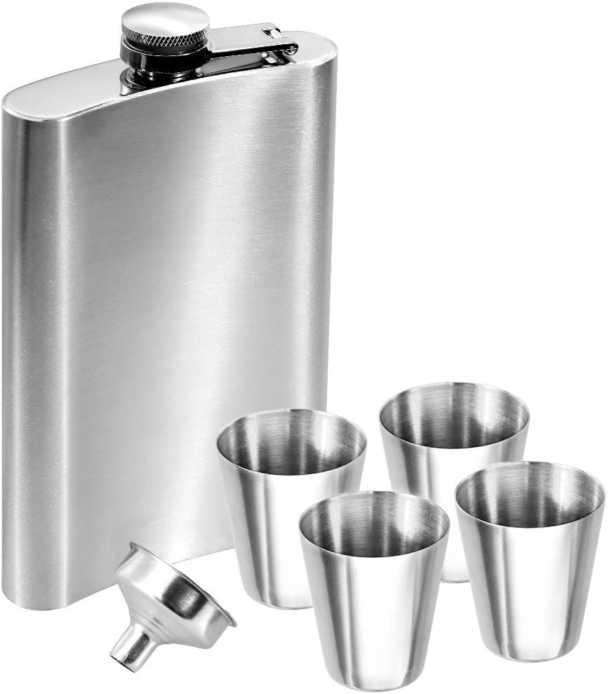 Hip Flask & Shot Glass 6 Piece Set Stainless Steel Gift Set for Men