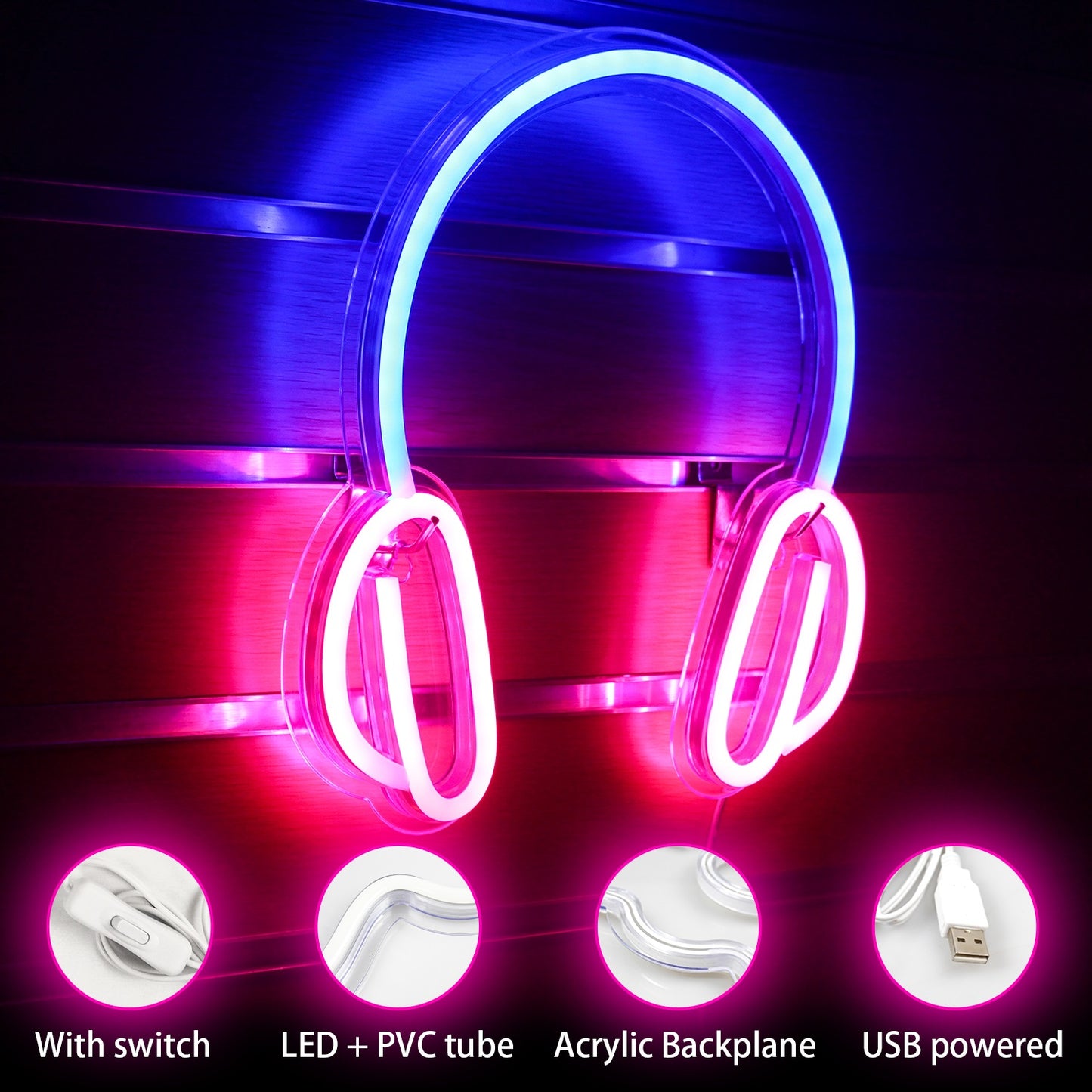 USB Powered Headphone Neon Lamp With Back Plate + On /Off Switch