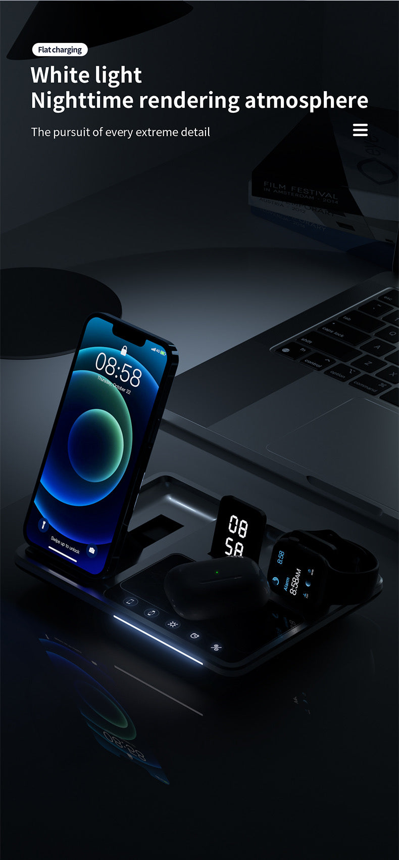 4 in 1 Multifunctional Wireless Charging Station with Digital Display, White Light, Time Function