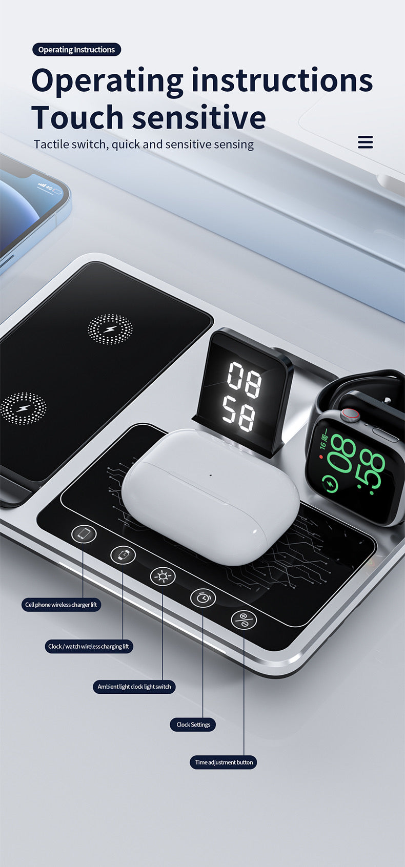 4 in 1 Multifunctional Wireless Charging Station with Digital Display, White Light, Time Function