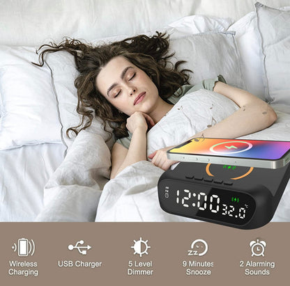 3 In-1 15W Wireless Charger Clock LED Digital Display Alarm Clock Temperature Display Wireless Charging Bracket