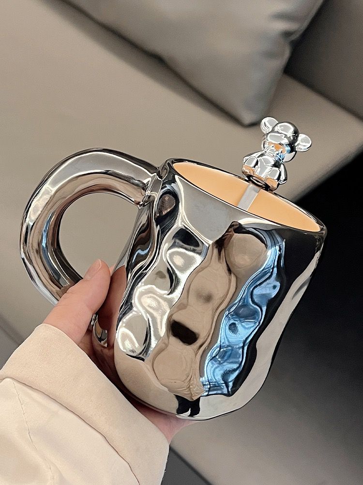 INS Style Electroplated Puffy Coffee Mug with Bearbrick Spoon - 400ml