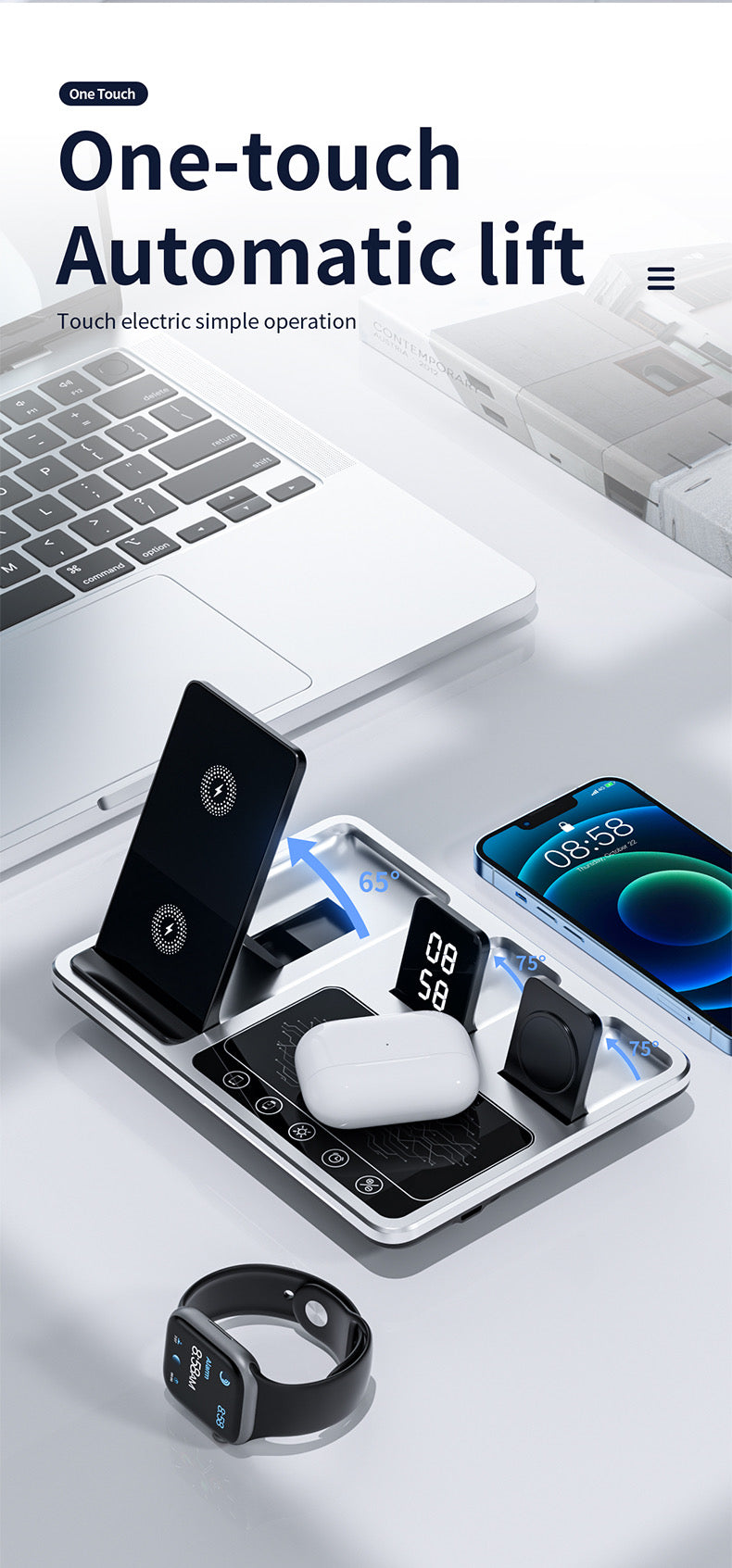 4 in 1 Multifunctional Wireless Charging Station with Digital Display, White Light, Time Function