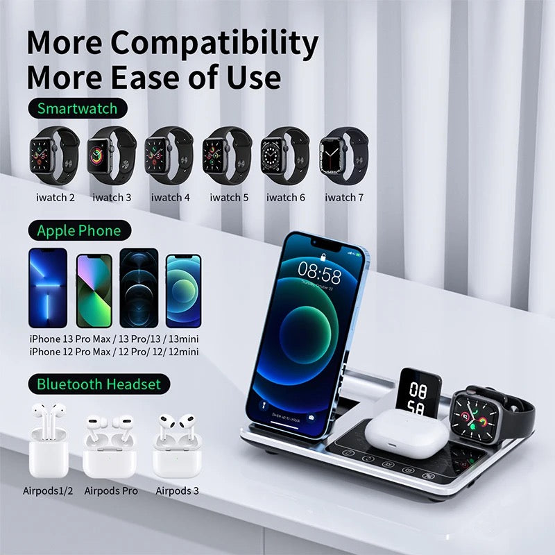 4 in 1 Multifunctional Wireless Charging Station with Digital Display, White Light, Time Function