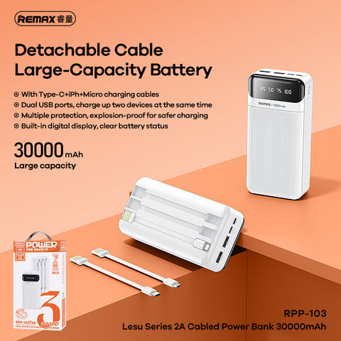 30000mAh Detachable Cable Power Bank