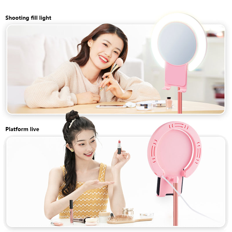 LED Ring Light Desktop Makeup Lighting with  Mirror and Cellphone Holder -White