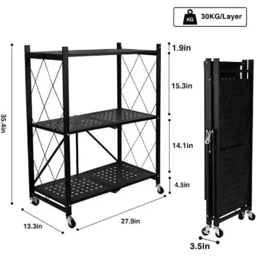 Multifunctional Foldable Organizer Rack with Caster Wheels - 3 Layer