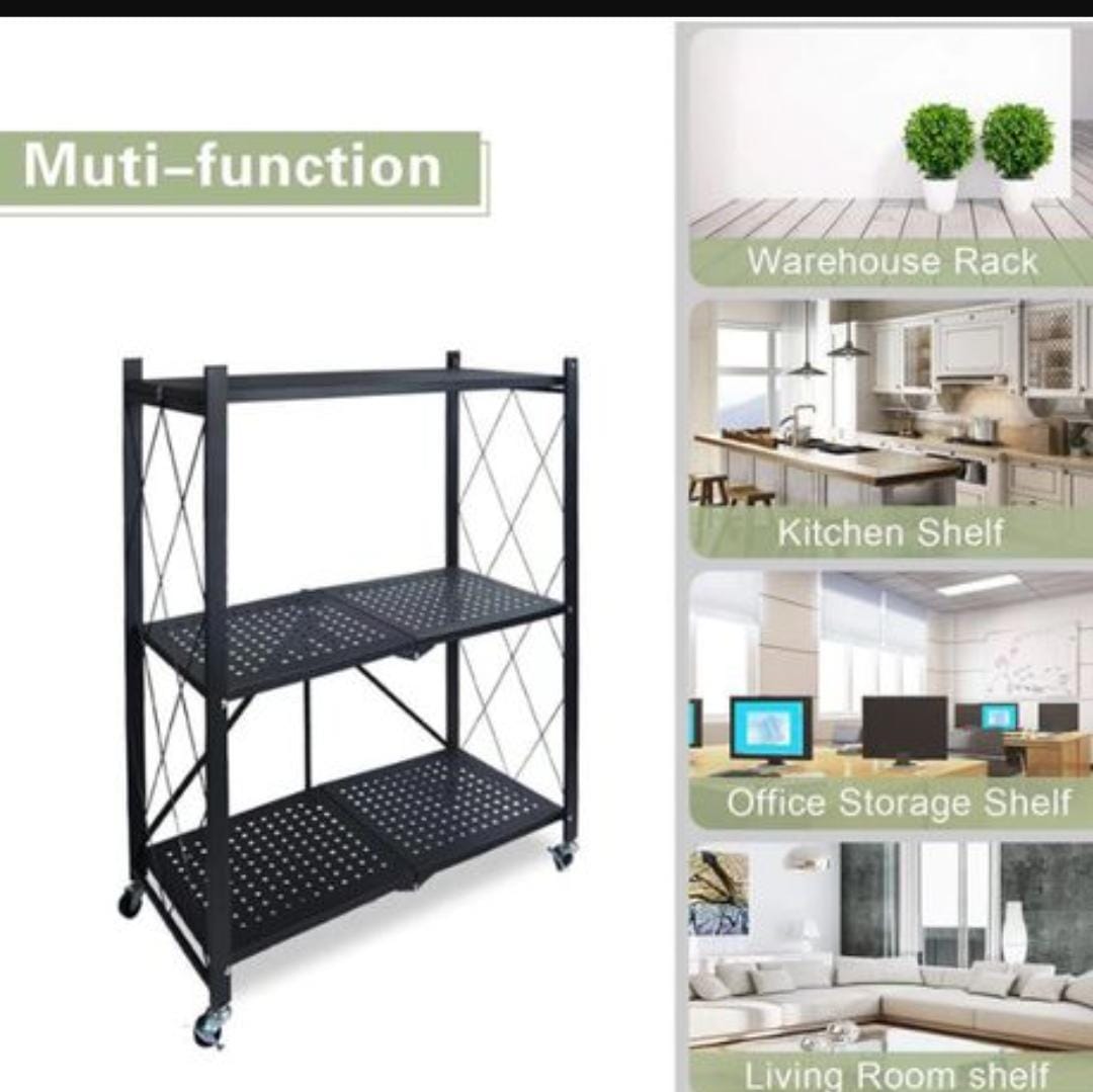 Multifunctional Foldable Organizer Rack with Caster Wheels - 3 Layer