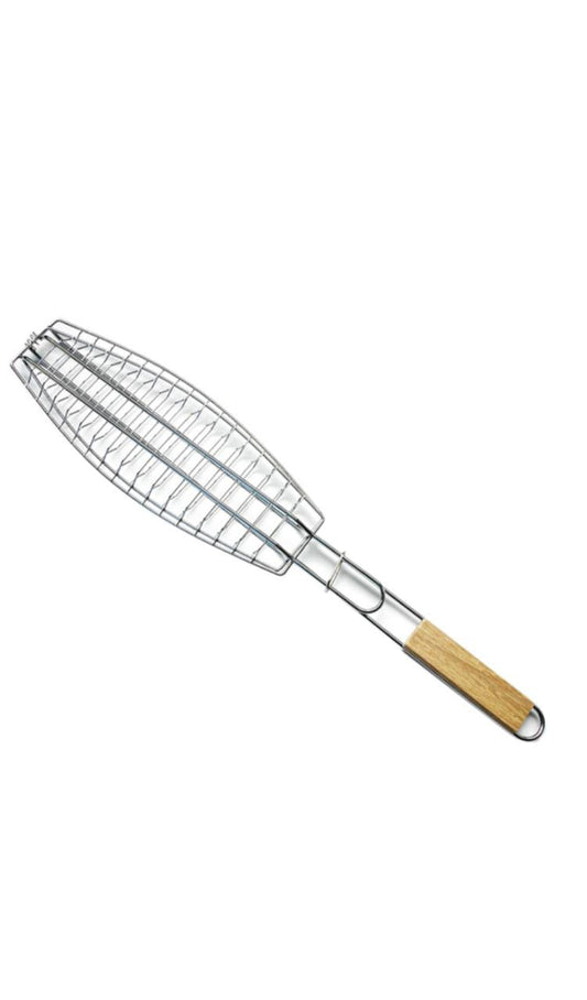 Stainless Steel BBQ Fish Grill Net With Wooden Handle