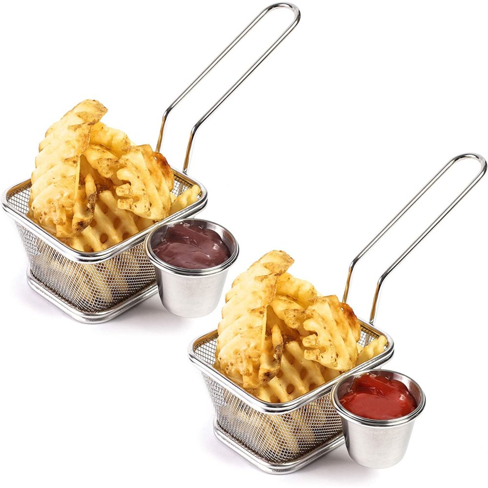 Small Stainless Steel Chip serving basket with attached sauce holder