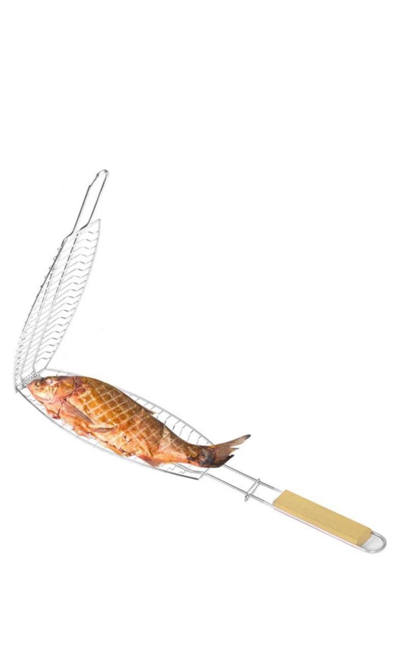 Stainless Steel BBQ Fish Grill Net With Wooden Handle