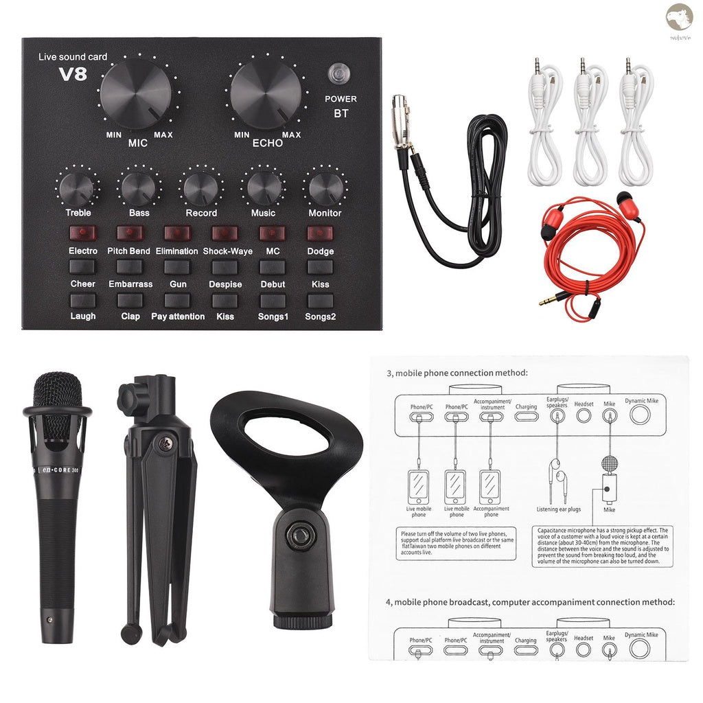 V8 External Live Sound Card Microphone Set Mini Sound Mixer Board for Live Streaming Karaoke Singing Music Recording with 12 Funny Sound