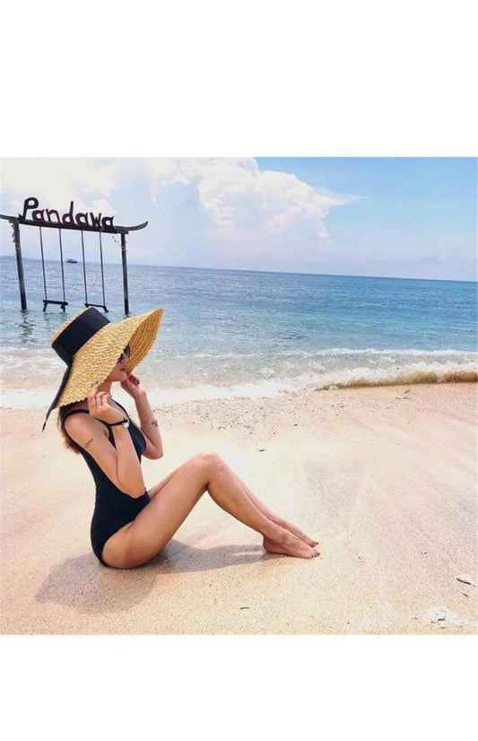 Wide Brim Flat Top Straw Sun Beach Hat for Women