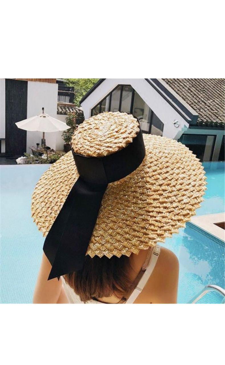 Wide Brim Flat Top Straw Sun Beach Hat for Women